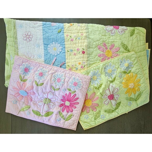 Vtg Pottery Barn Kids Discontinued Green Daisy Garden Full Quilt And 2 Sham Set - Picture 1 of 12